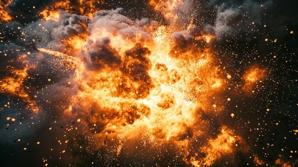 Naklejka premium Dramatic Explosion with Fiery Flames and Bright Sparks in the Dark