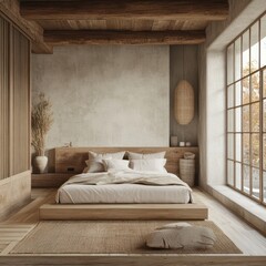 This is a contemporary bedroom with neutral tones in it