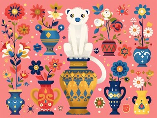 A cute white monkey sits on an old vase, surrounded by colorful vases and various flower patterns in geometric shapes, flat illustrations and cute styles