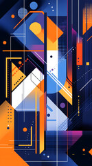 Vector background with geometric shapes and lines in blue, orange, white, and purple colors

