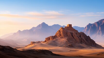 Naklejka premium Majestic Landscape of Rocky Mountains and Desert Sand Dunes Under a Clear Sky at Sunrise with a Stone Structure on a Mountain Top