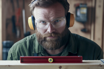 Skilled carpenter focusing on precise measurements with a spirit level in a workshop. Wearing safety glasses, ear defenders, and green work attire