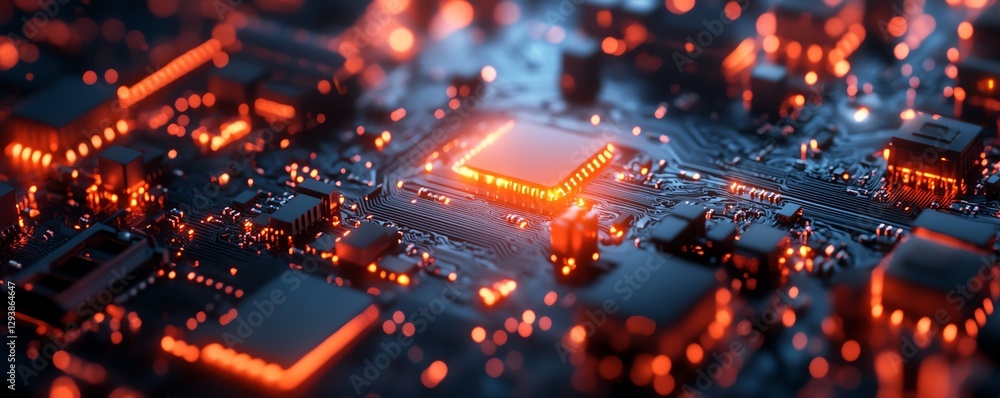 Poster closeup of a computer circuit board with scattered cubes representing goods