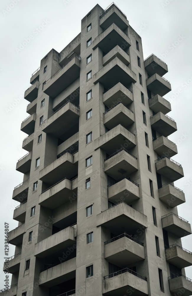 Poster low angle of grey brutalist building with repetitive balcony patterns under cloudy sky. concrete str