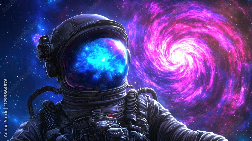 Poster astronaut exploring cosmic galaxy outer space digital art colorful nebula close-up view science and 