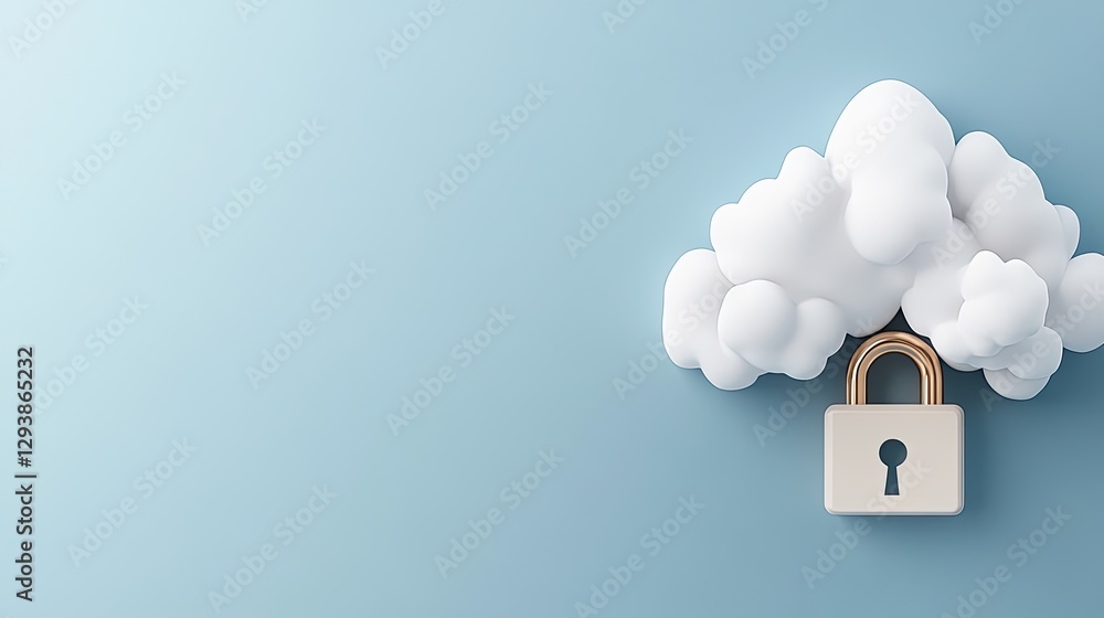 Poster cloud with a padlock represents digital security and data protection in online networks and advanced