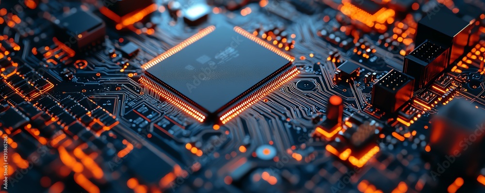 Poster detailed closeup of a computer circuit board, cubes scattered across representing goods, advanced di
