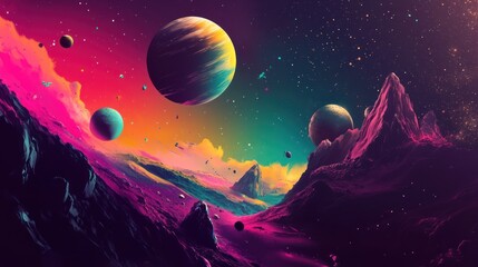 Naklejka premium Colorful space landscape, alien planets, mountains. Possible stock photo use