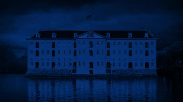Mansion House By Water At Night