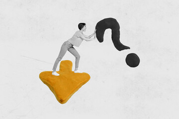 Creative sketch collage of shocked girl push question mark dilemma brainstorm idea contemplation...