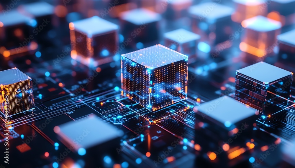 Aufkleber digital closeup of a computer circuit board with cubes scattered across