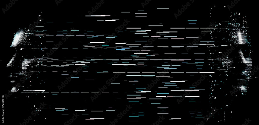 Poster this image depicts two pixelated faces on a dark background. the faces are composed of horizontal st