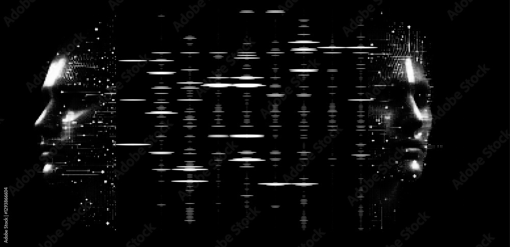 Poster This image depicts two pixelated faces on a dark background. The faces are composed of horizontal streaks of light, giving an abstract and digital appearance.