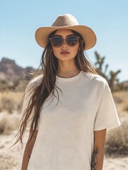 Joven con sombrero y gafas de sol, en un paisaje árido y soleado, transmite un aire de despreocupada tranquilidad.