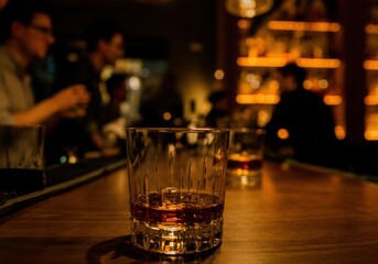 Glass of whiskey on a bar counter with a warm, inviting atmosphere