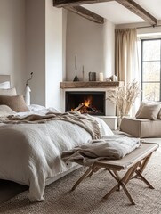 Cozy bedroom with fireplace and neutral color palette