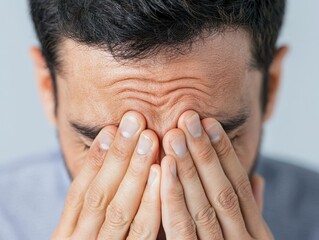 Fototapeta premium Stressed Man Covering Face Hands Over Eyes Exhausted Worried Troubled Close Up