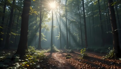 Obraz premium golden rays filtering through tree in the forest path. Generative ai