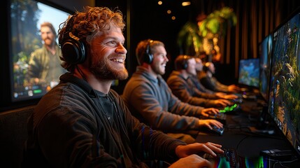 Fototapeta premium E sport event: Live streaming and gaming Group of gamers enjoying a multiplayer session with headsets.