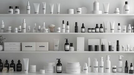 Shelves are filled with a range of skincare products, featuring white containers and elegant designs. The setting emphasizes minimalism and order with a calming aesthetic.