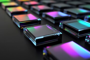Abstract 3D Black Background with Floating Glass Square Frames and Holographic Light

