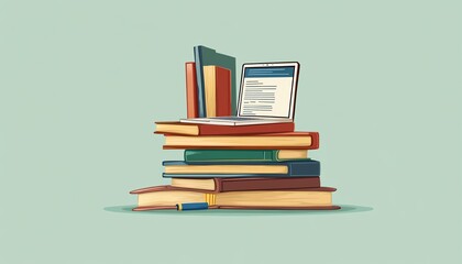 Fototapeta premium illustration of a stack of books with a laptop on top