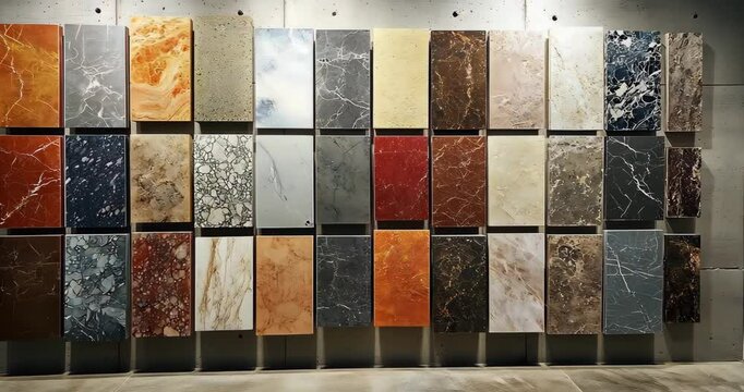 A wide static shot of a showroom wall displaying various marble slabs.
