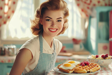A happy woman enjoys a delicious homemade breakfast in a retro kitchen. Concept of nostalgia, warmth, and the charm of a classic vintage lifestyle