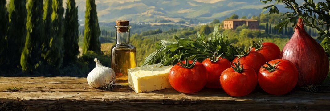 Una mesa r&uacute;stica con tomates frescos, cebolla, ajo, queso y aceite de oliva, con un paisaje italiano de fondo.