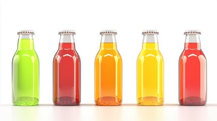 A row of glossy 3D rendered miniature glass bottles filled with colorful fruit sodas, including lime, raspberry, pineapple, orange, and pomegranate