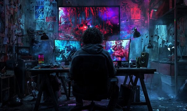 Un gamer inmerso en un entorno oscuro y vibrante, rodeado de pantallas llenas de acci&oacute;n y caos digital.