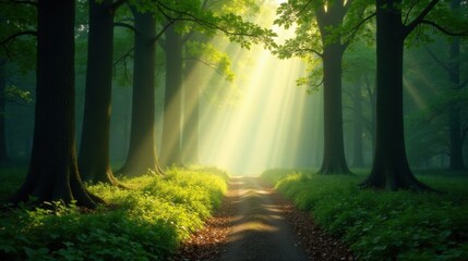 Fototapeta premium Sunbeams Illuminate a Mystical Forest Path, Creating a Serene and Magical Atmosphere with Lush Greenery