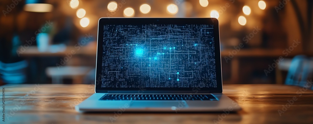 Poster laptop with open screen on a wooden table