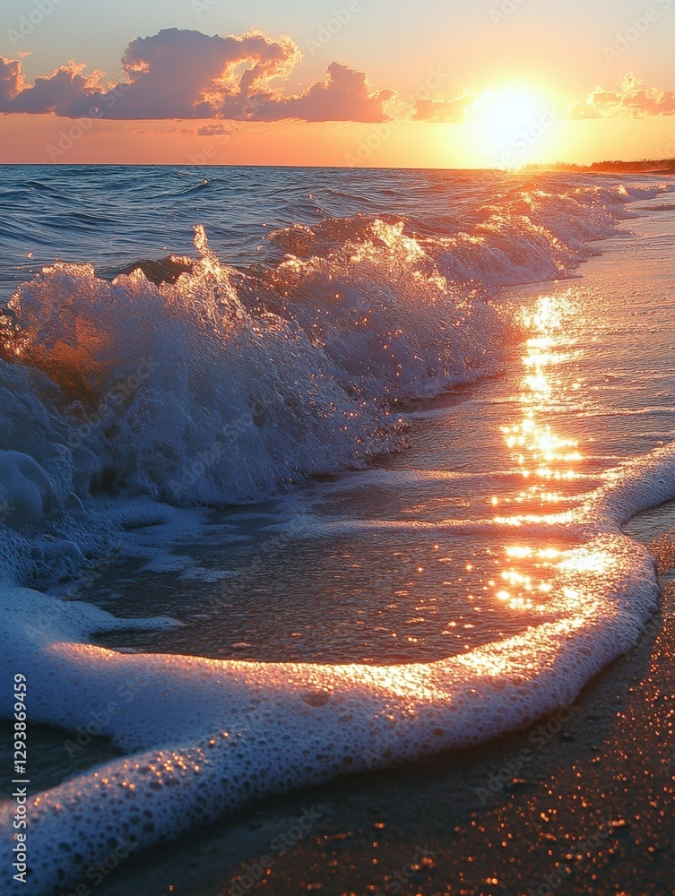 Poster golden hour at the beach with soft waves and foam reflecting the sunlight casting a warm glow over t
