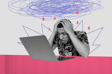 Creative sketch image art collage of puzzled american man hold head sit workplace laptop rain drop...