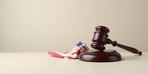 Wooden Gavel and Folded Flag on Neutral Background Representing Justice and Patriotism