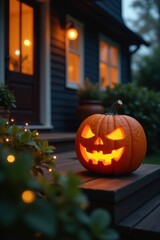 Obraz premium Illuminated Jack-o'-lantern on autumn evening porch steps, glowing warmly against a softly lit house backdrop