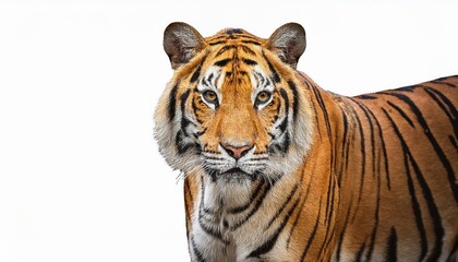 Naklejka premium Majestic Royal Bengal Tiger Strikes a Regal Pose Against Translucent Backdrop, Majestically Showcasing Vivid Markings and Swirling Patterns of the Jungles Apex Predator.