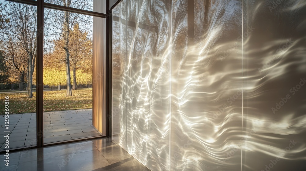 Poster light plays on wall reflected from trees.