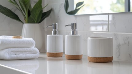 Fototapeta premium Gleaming white bathroom countertop reflecting soft light; its polished surface mirrors surrounding elegance with every angle