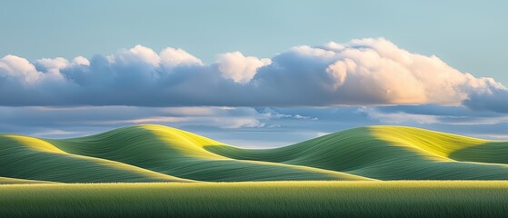 Obraz premium A surreal green landscape, where vast fields of emerald grass stretch out into the horizon, under a sky filled with soft, swirling clouds. 