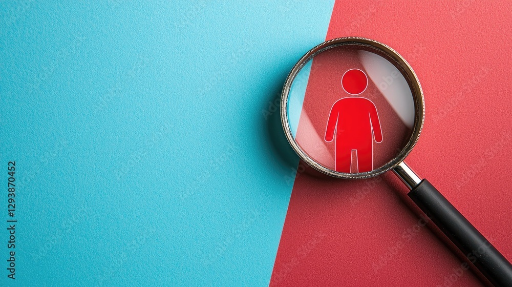 Poster analyzing human behavior through a magnifying glass in a split color background graphic design abstr