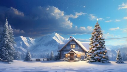 Fototapeta premium 1. **Holiday Marketing Banner with Frosted Pine Branches, Golden Pinecones, and Glittering Lights on a Blue Background**