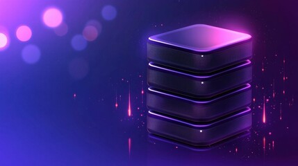 A futuristic data server stack glowing in purple light, set against a blurred, colorful background, emphasizing technology and digital storage.