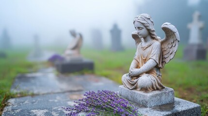 Flower cemetery wilted emotion. A serene angel statue surrounded by mist and flowers in a tranquil cemetery setting.