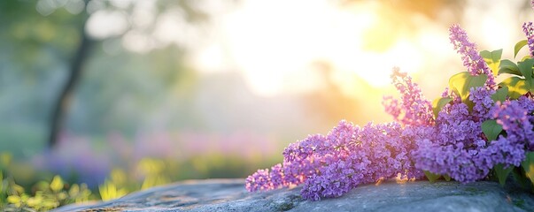 Flower cemetery wilted emotion. Sunrise illuminating vibrant purple flowers beside a stone in a serene landscape.
