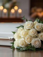 Obraz premium A bouquet of white roses on the table next to an open casket in the background, with a blurred focus. The scene is with warm lighting from inside a funeral home.
