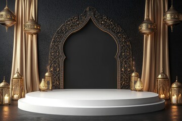 3D podium for an Islamic product presentation. The stage is white and gold, with Ramadan elements like lanterns, candles, and golden curtains.