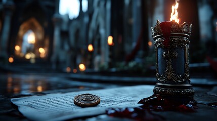 A Secret Unveiled:  A burning candle illuminates an ancient document and a mysterious seal within a dimly lit gothic cathedral, hinting at a hidden truth or forgotten pact.