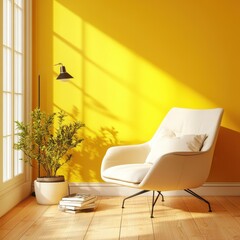 A sunny room shows a chair and plant near a window